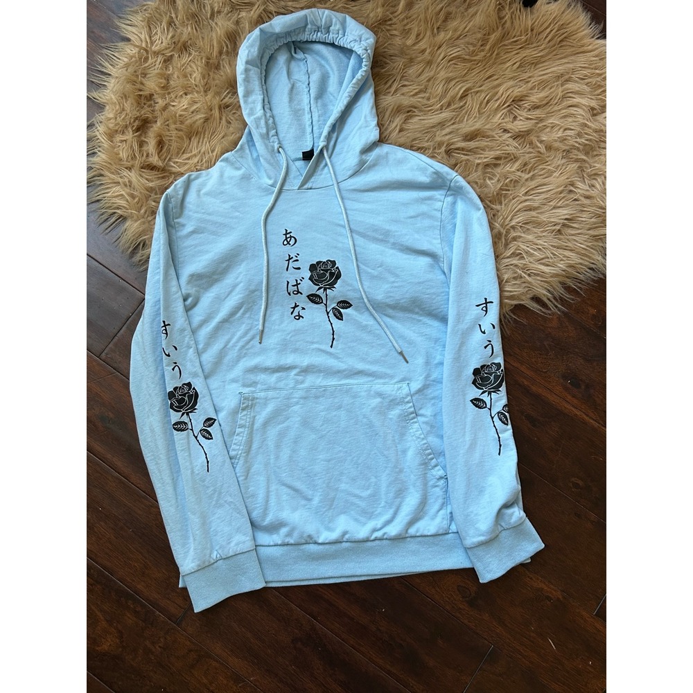 Shein XXL Blue Hoodie Japanese Rose Print Long Sleeve Pullover Menswear